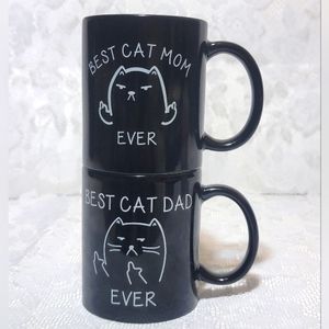 Set Of 2 Black Ceramic Mug Best CAT DAD MOM Ever 11oz Coffee Cup Pet Lover Funny